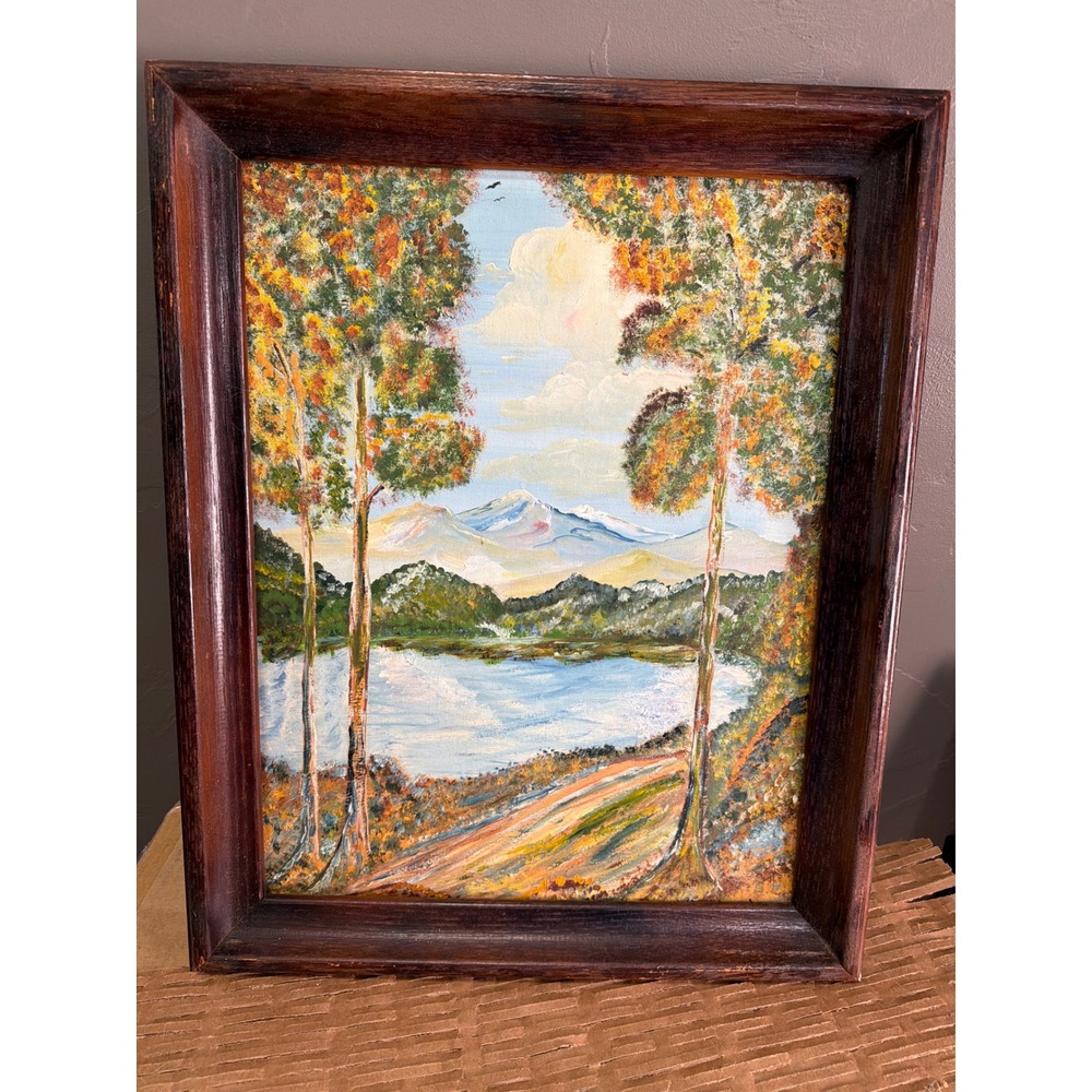 Vintage 1956 Mountain Lake Landscape Oil Painting Signed DH Framed Mid Century